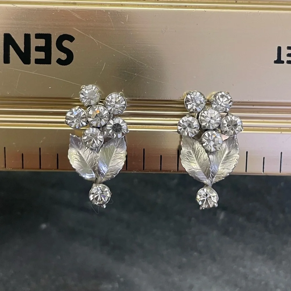 Vintage Silver Flower Crystal Clip-On Earrings